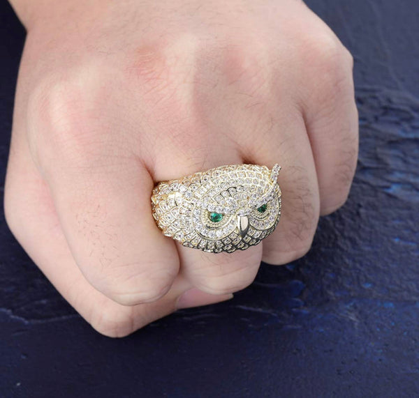 Iced Out 14k Gold Owl Face Ring