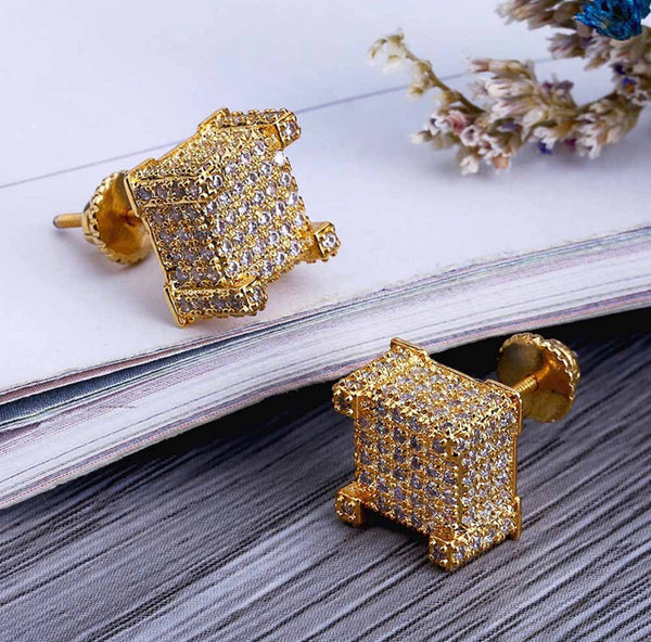 Iced Out 14k Gold Square Earrings