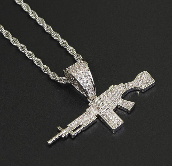 Iced Out 18k White Gold Machine Gun Pendant