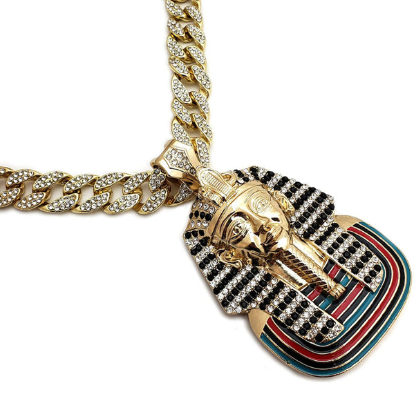 Iced Out 14k Gold Egypt Pharaoh Pendant w/Chain