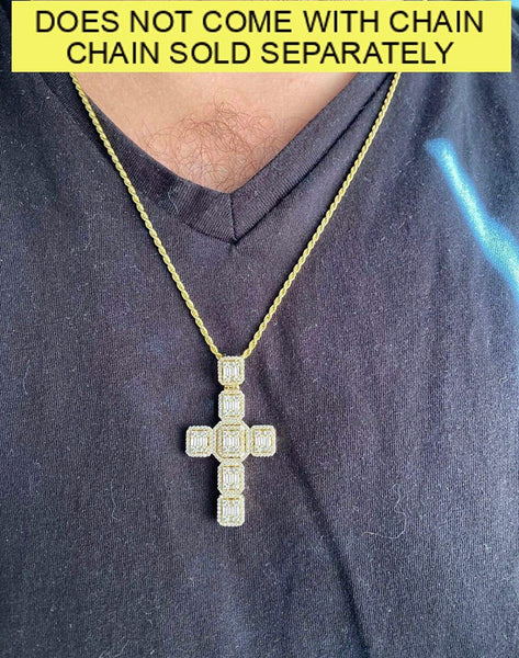 Iced Out 18k Gold Baguette Cross Pendant