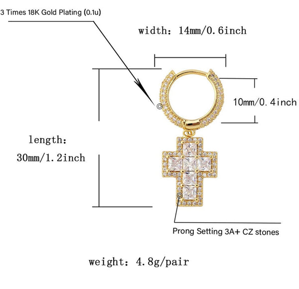 Iced Out 18k Gold Baguette Cross Earrings