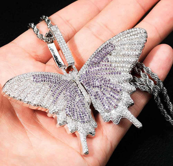 Iced Out 18k White Gold Purple Butterfly Pendant