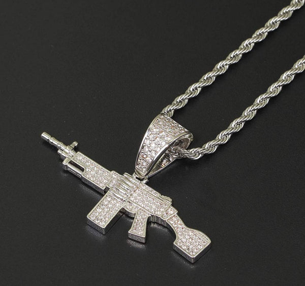 Iced Out 18k White Gold Machine Gun Pendant