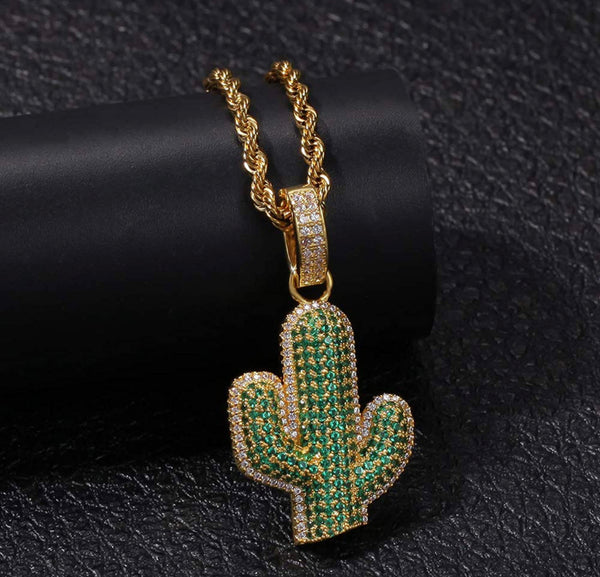 Iced Out 18k Gold Cactus Pendant