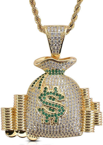 Iced Out 18k Gold Money Bag Pendant