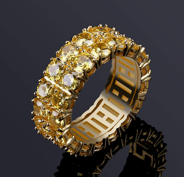 Iced Out 14k Gold 2 Row Ring Yellow Diamonds