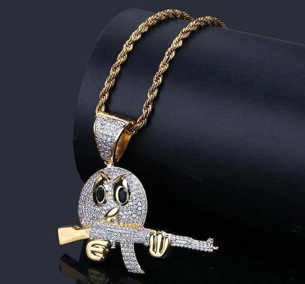 Iced Out Emoji with Gun AK-47 Pendant