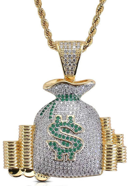 Iced Out 18k Two Tone Gold Money Bag Pendant