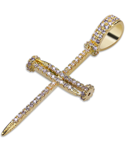 Iced Out 18k Gold Nail Cross Pendant