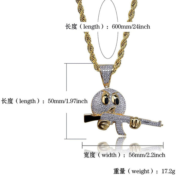 Iced Out Emoji with Gun AK-47 Pendant