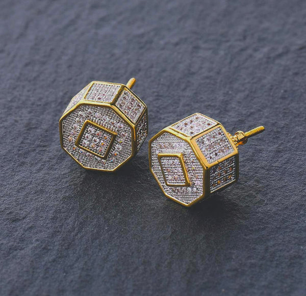 Iced Out 14k Gold Octagon Earrings