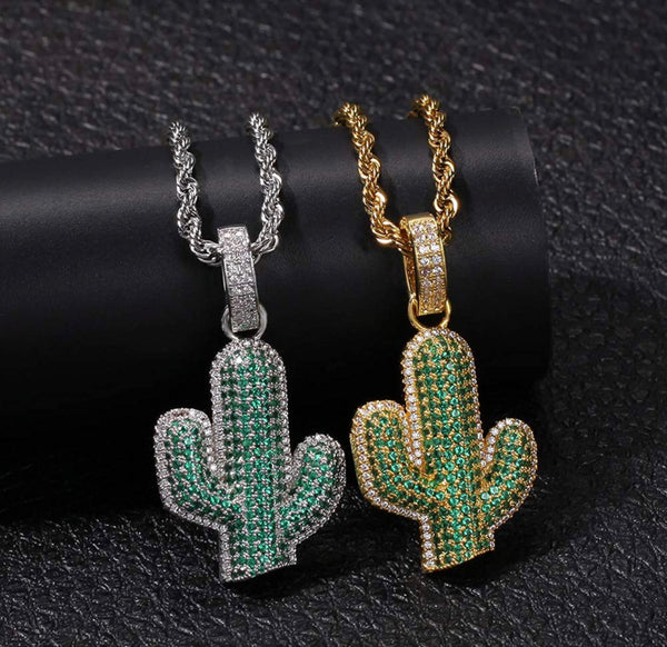 Iced Out 18k Gold Cactus Pendant