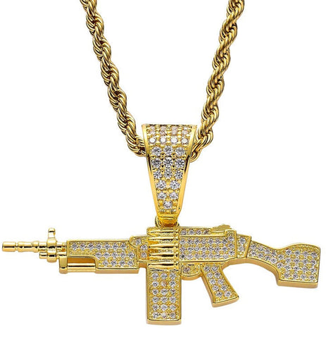 Iced Out 18k Gold Machine Gun Pendant