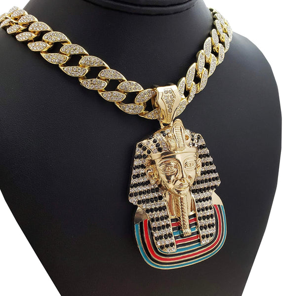 Iced Out 14k Gold Egypt Pharaoh Pendant w/Chain