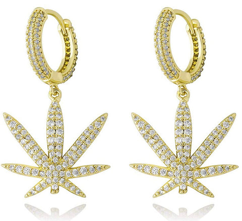 Iced Out 14k Gold Marijuana Leaf Earrings