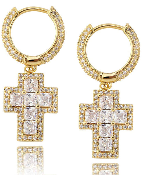 Iced Out 18k Gold Baguette Cross Earrings