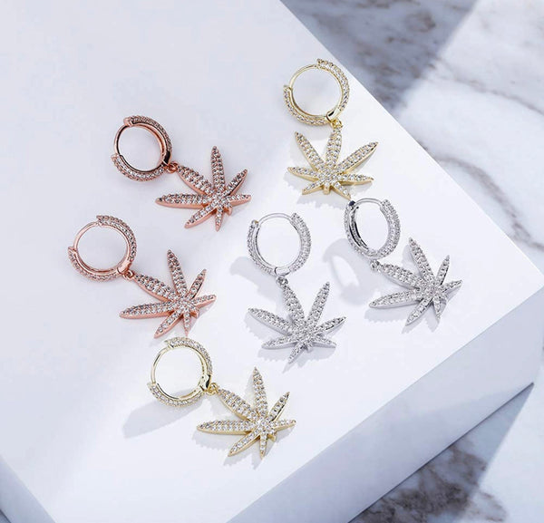 Iced Out 14k Gold Marijuana Leaf Earrings