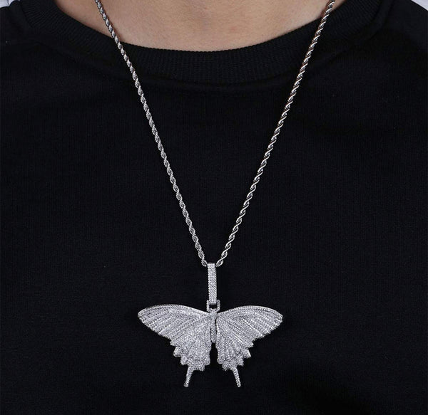 Iced Out 18k White Gold Butterfly Pendant