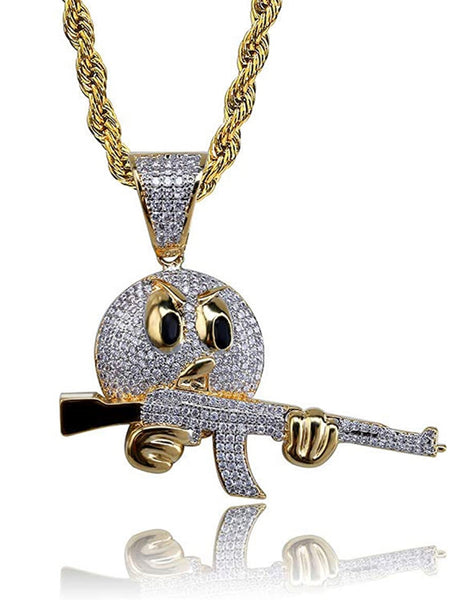 Iced Out Emoji with Gun AK-47 Pendant