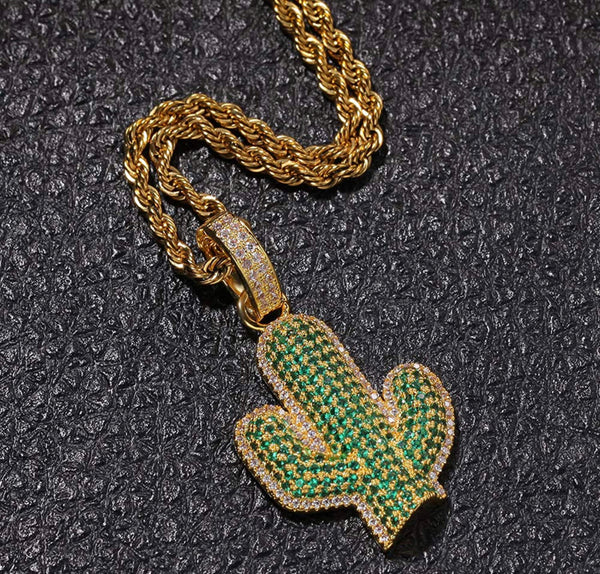 Iced Out 18k Gold Cactus Pendant