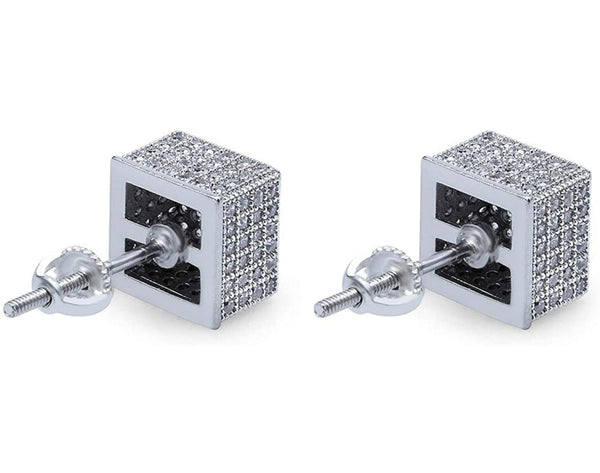 Iced Out 14k White Gold Cube Earrings