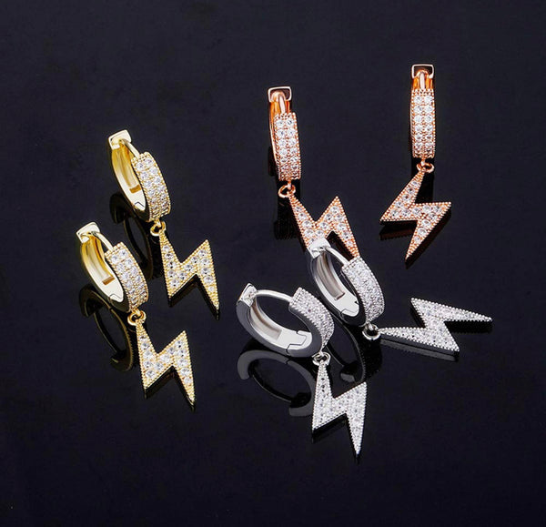 Iced Out 14k Gold Lightning Bolt Earrings