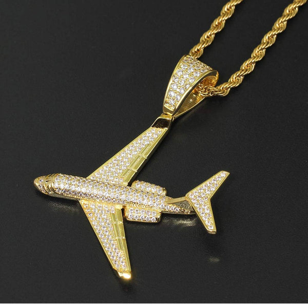 Iced Out 18k Gold Airplane Pendant