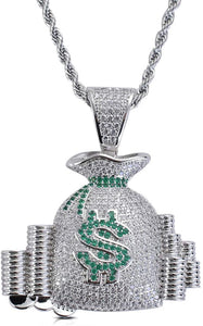 Iced Out 18k White Gold Money Bag Pendant