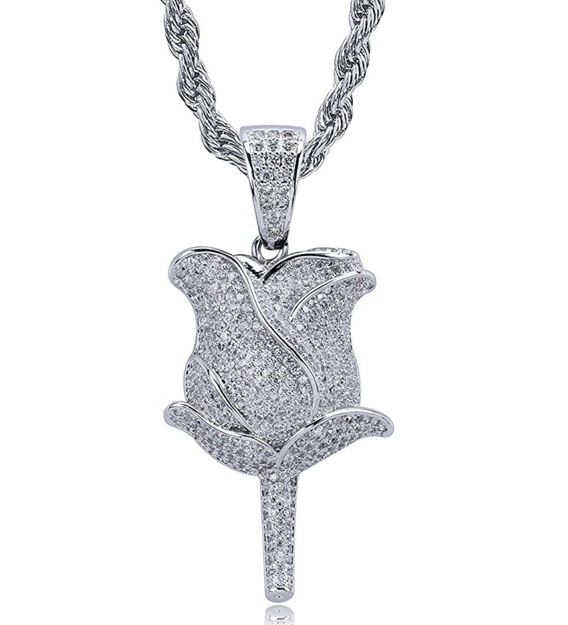 Iced Out 18k White Gold Rose Pendant