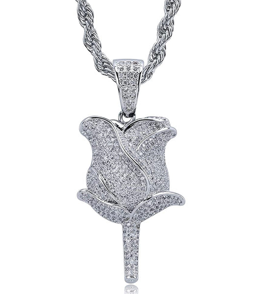 Iced Out 18k White Gold Rose Pendant