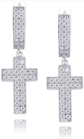 Iced Out 14k White Gold Cross Earrings