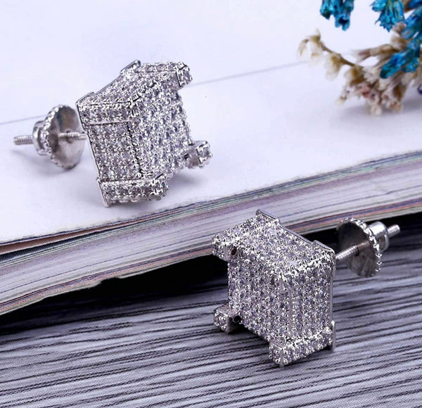 Iced Out 14k White Gold Square Earrings