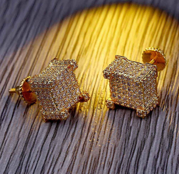 Iced Out 14k Gold Square Earrings