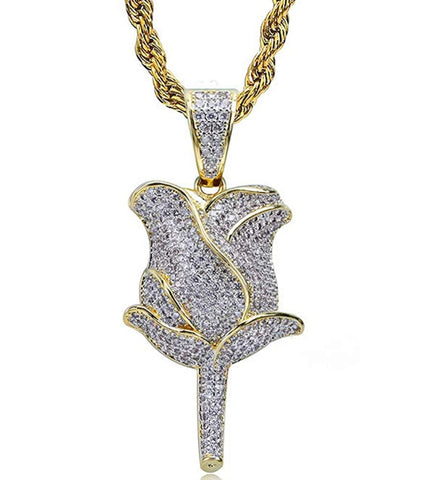 Iced Out 18k Gold Rose Pendant