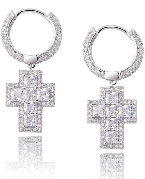 Iced Out 18k White Gold Baguette Cross Earrings