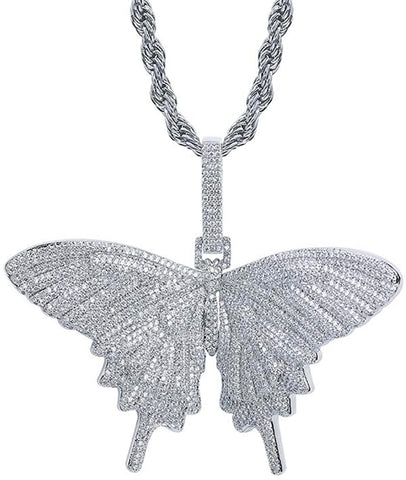 Iced Out 18k White Gold Butterfly Pendant