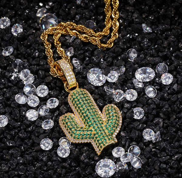 Iced Out 18k Gold Cactus Pendant