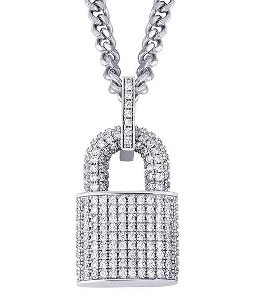 Iced Out 14k White Gold Lock Pendant