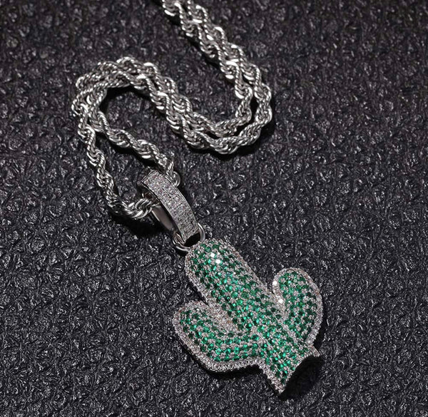 Iced Out 18k White Gold Cactus Pendant