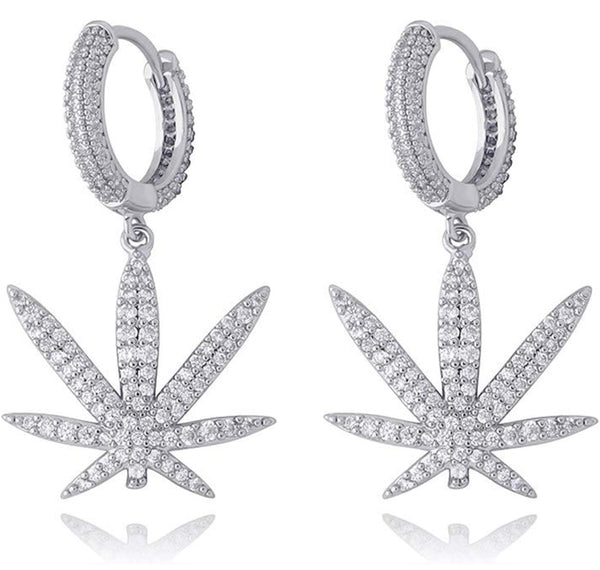 Iced Out 14k White Gold Marijuana Leaf Earrings