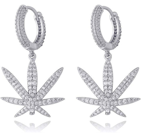 Iced Out 14k White Gold Marijuana Leaf Earrings