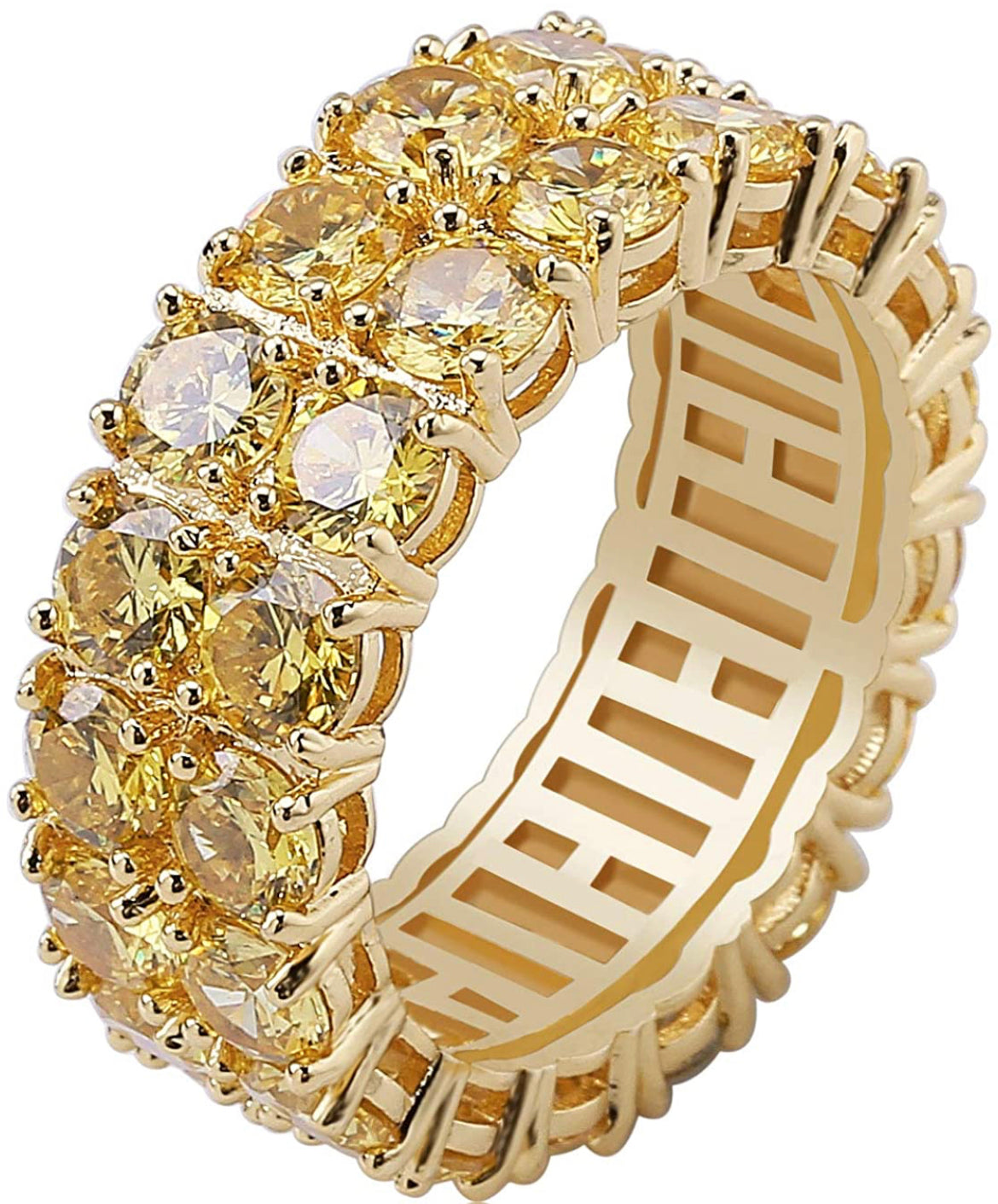 Iced Out 14k Gold 2 Row Ring Yellow Diamonds